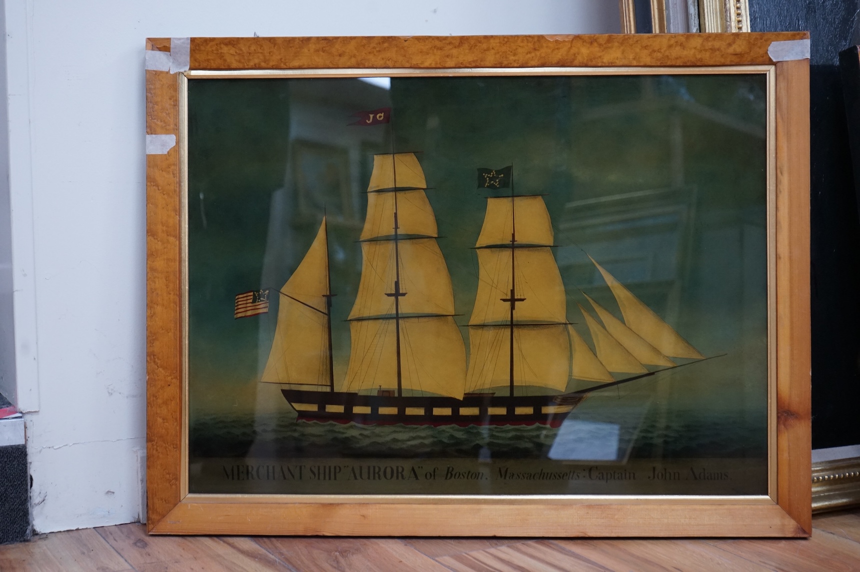 Two reverse glass prints, to include merchant ship Aurora of Boston, Massachusetts, Captain John Adam, 51 x 72cm, each maple framed